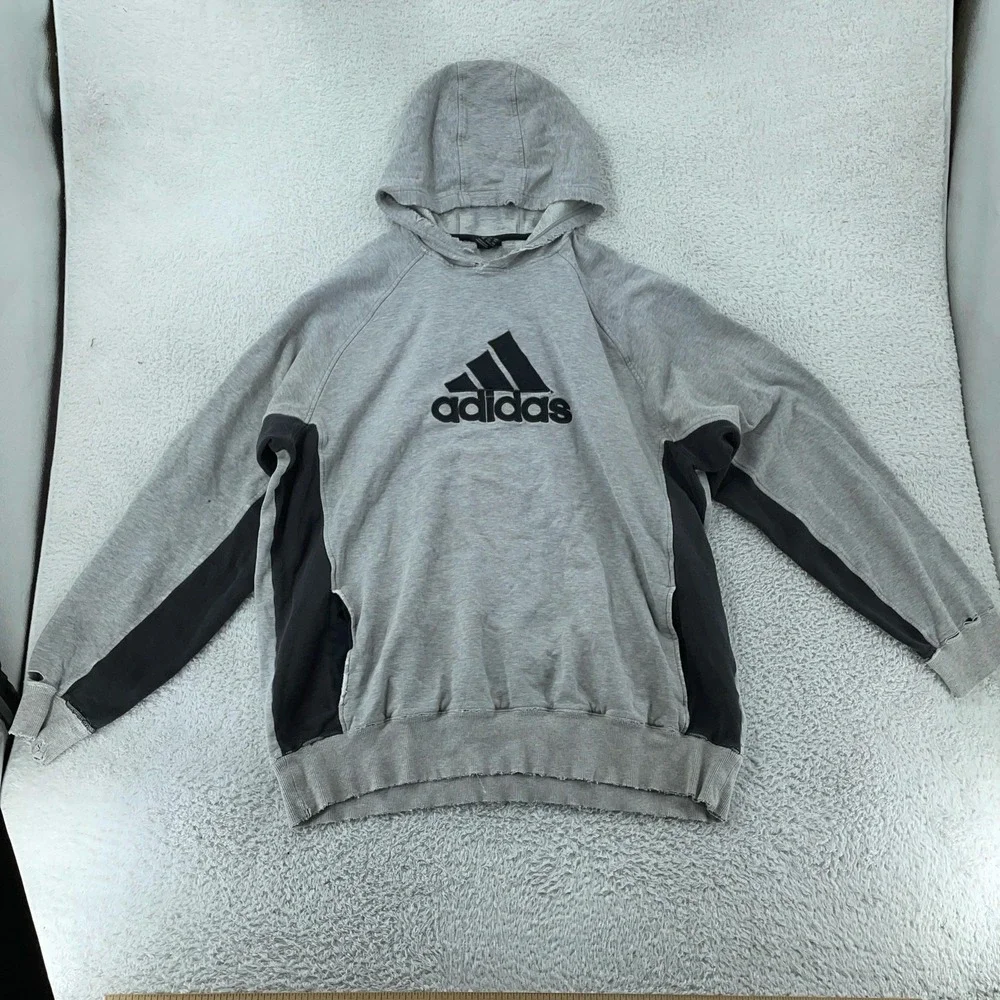 Distressed Vintage Adidas Hoodie‎ Mens XL Gray Raglan Pullover Sweatshirt